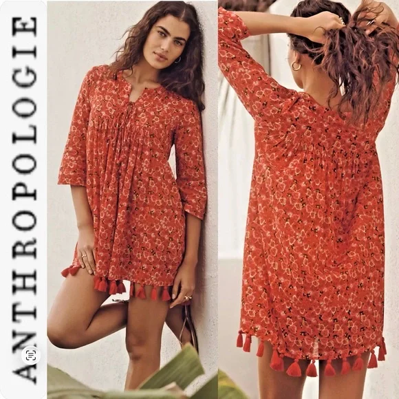 NEW Anthropologie Ro's Garden Seychelles tunic tassel dress Red Poppy S - Picture 1 of 12